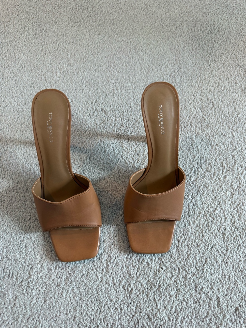 Tony Bianco Cognac Brown Square-Toe Slide Heels